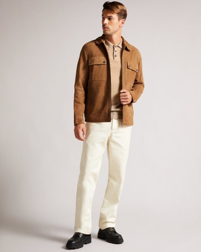 Camel Ted Baker Thierry Suede Zip Through Shacket Coats & Jackets | KVPQESY-40