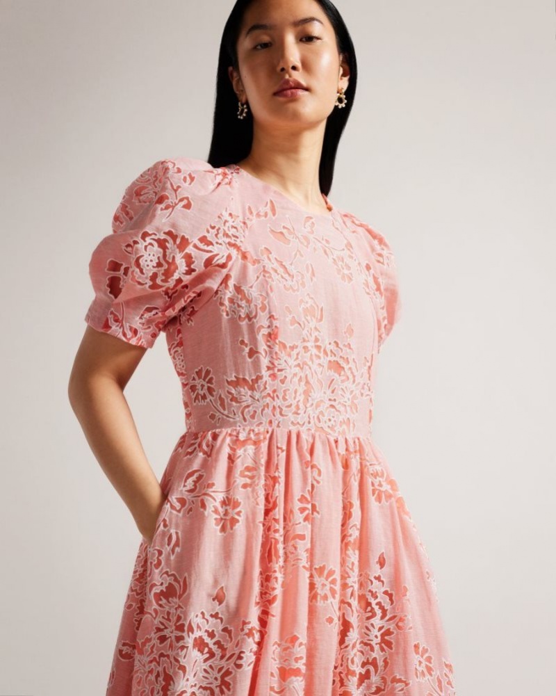 Coral Ted Baker Esthher Puff Sleeve Tiered Midi Dress Dresses | HRNJPTI-81