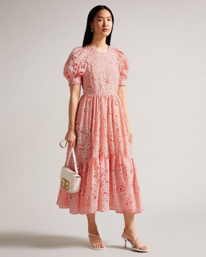 Coral Ted Baker Esthher Puff Sleeve Tiered Midi Dress Dresses | HRNJPTI-81