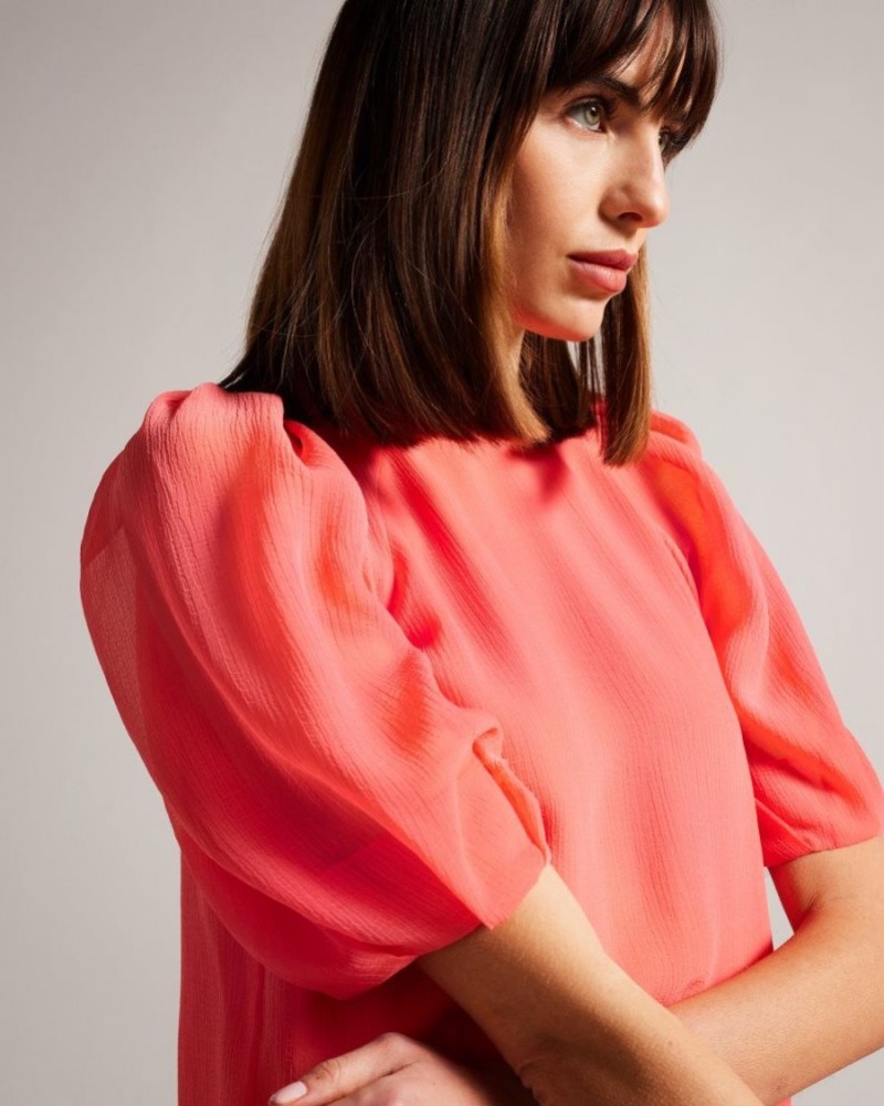 Coral Ted Baker Natelie Boxy Top with Puff Sleeves Tops & Blouses | KSZLQYI-07