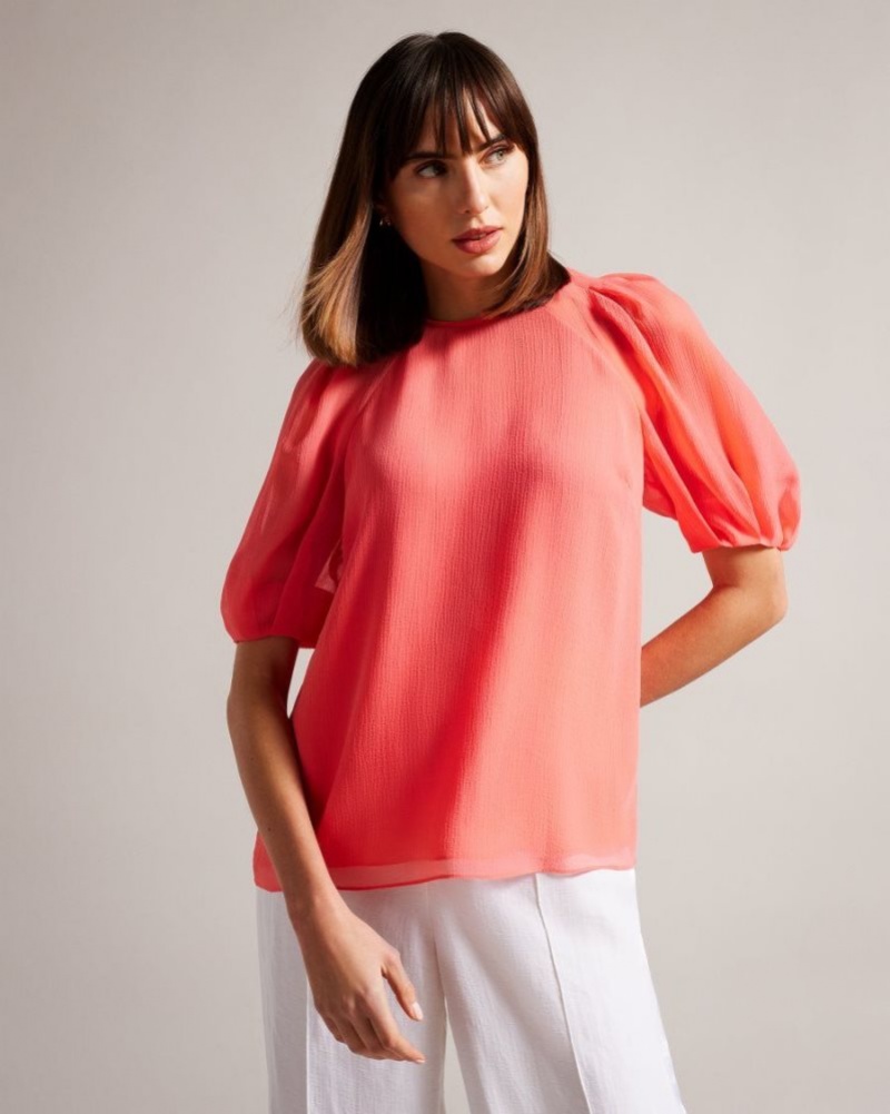 Coral Ted Baker Natelie Boxy Top with Puff Sleeves Tops & Blouses | KSZLQYI-07