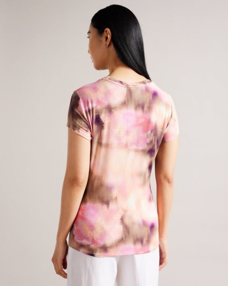 Coral Ted Baker Yazmean Fitted Floral T-Shirt With Twisted Neck Tops & Blouses | YJZPHQI-92