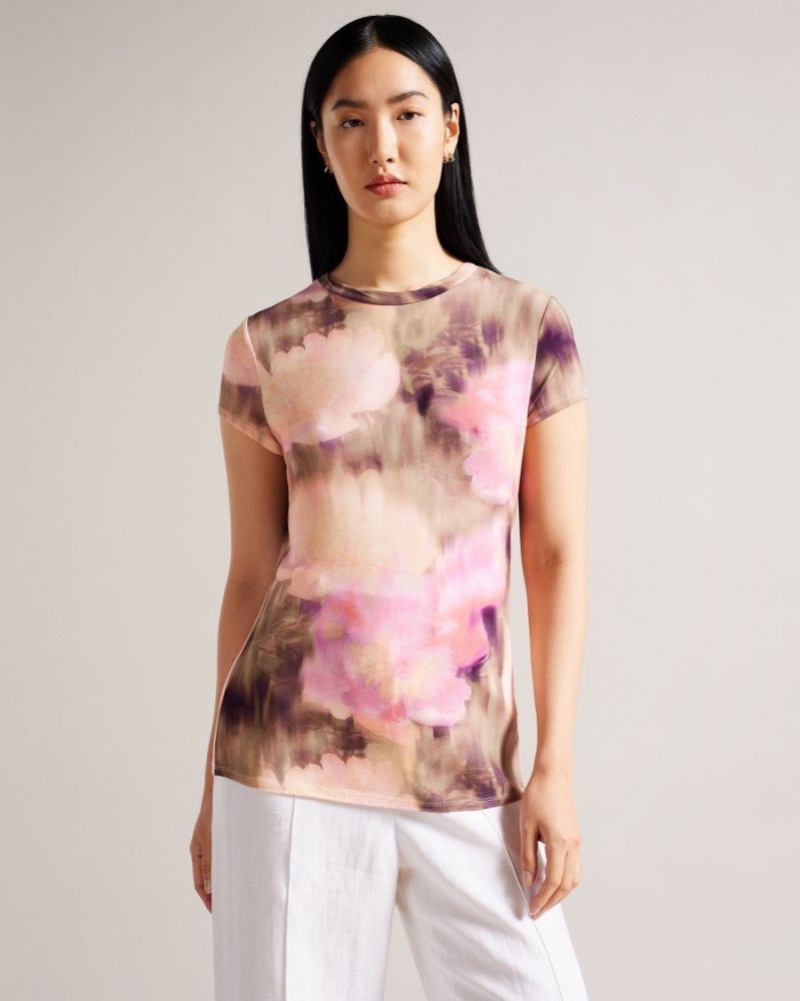 Coral Ted Baker Yazmean Fitted Floral T-Shirt With Twisted Neck Tops & Blouses | YJZPHQI-92