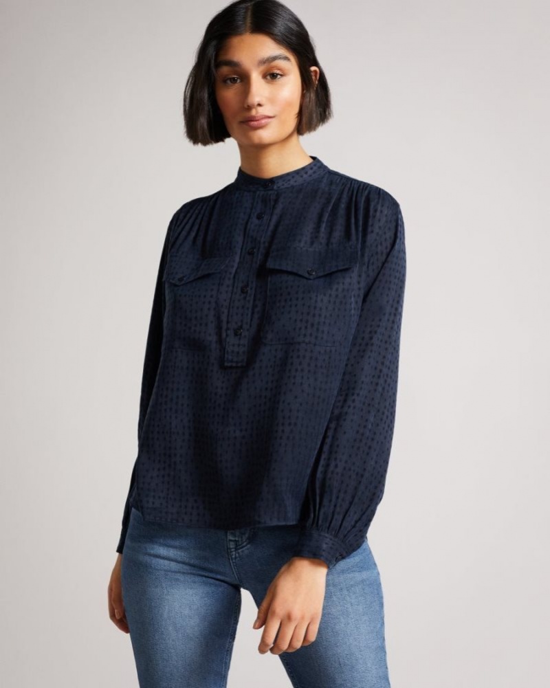 Dark Blue Ted Baker Agnez Grandad Collar Cupro Blouse Tops & Blouses | DVPLNWG-07