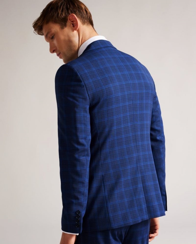 Dark Blue Ted Baker Apolloj Wool And Silk Check Suit Jacket Suits | OPFNKXC-89