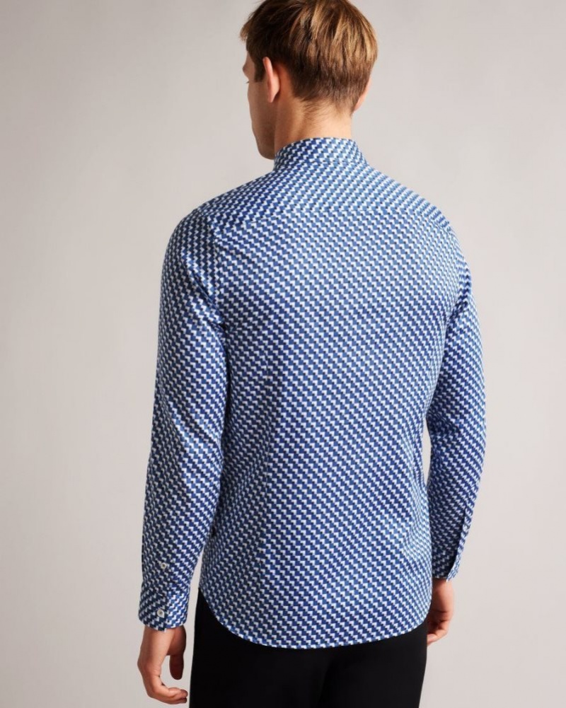 Dark Blue Ted Baker Barder Long Sleeve Cotton Stretch Geometric Shirt Shirts | OQMBLZY-53