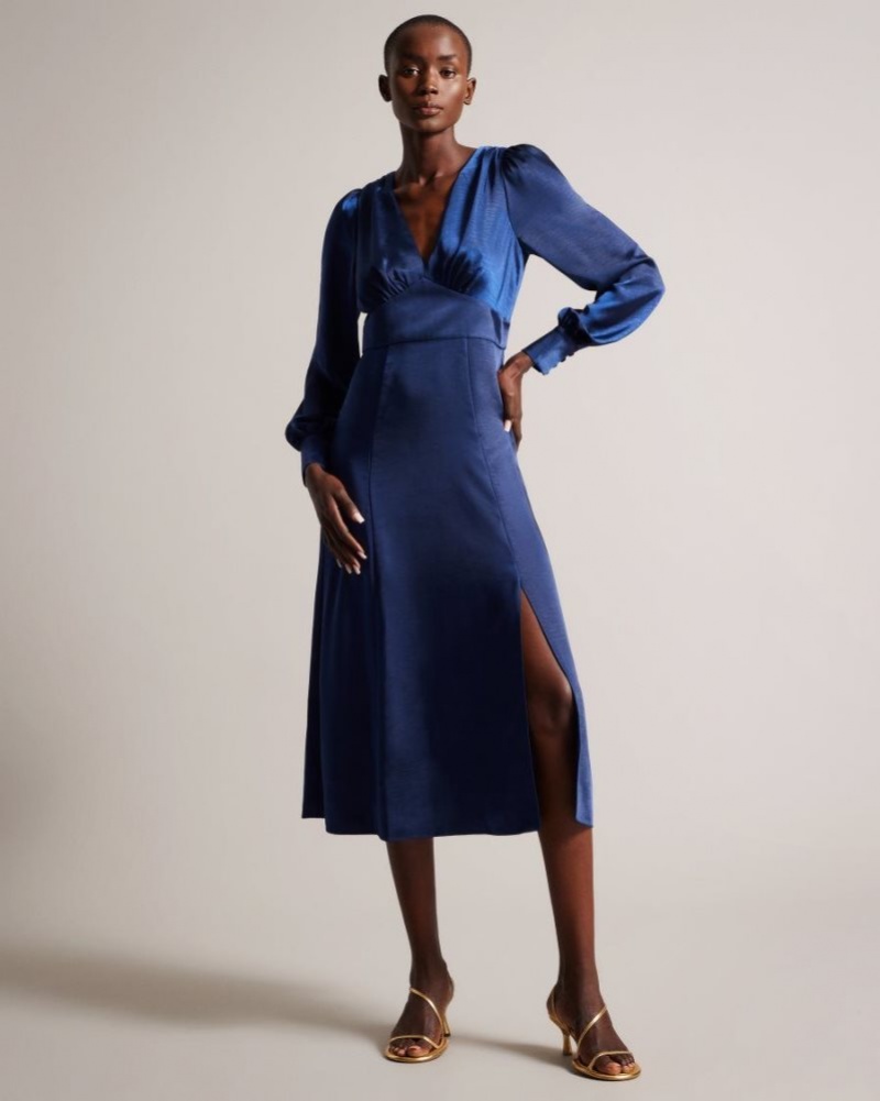 Dark Blue Ted Baker Daniia Satin Midi Dress With Blouson Sleeve Dresses | OMIETYV-25