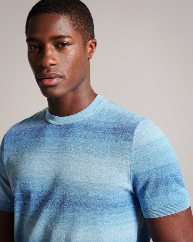 Dark Blue Ted Baker Notte Short Sleeve Ombre Stripe T-Shirt Jumpers & Knitwear | KFJXVCN-07