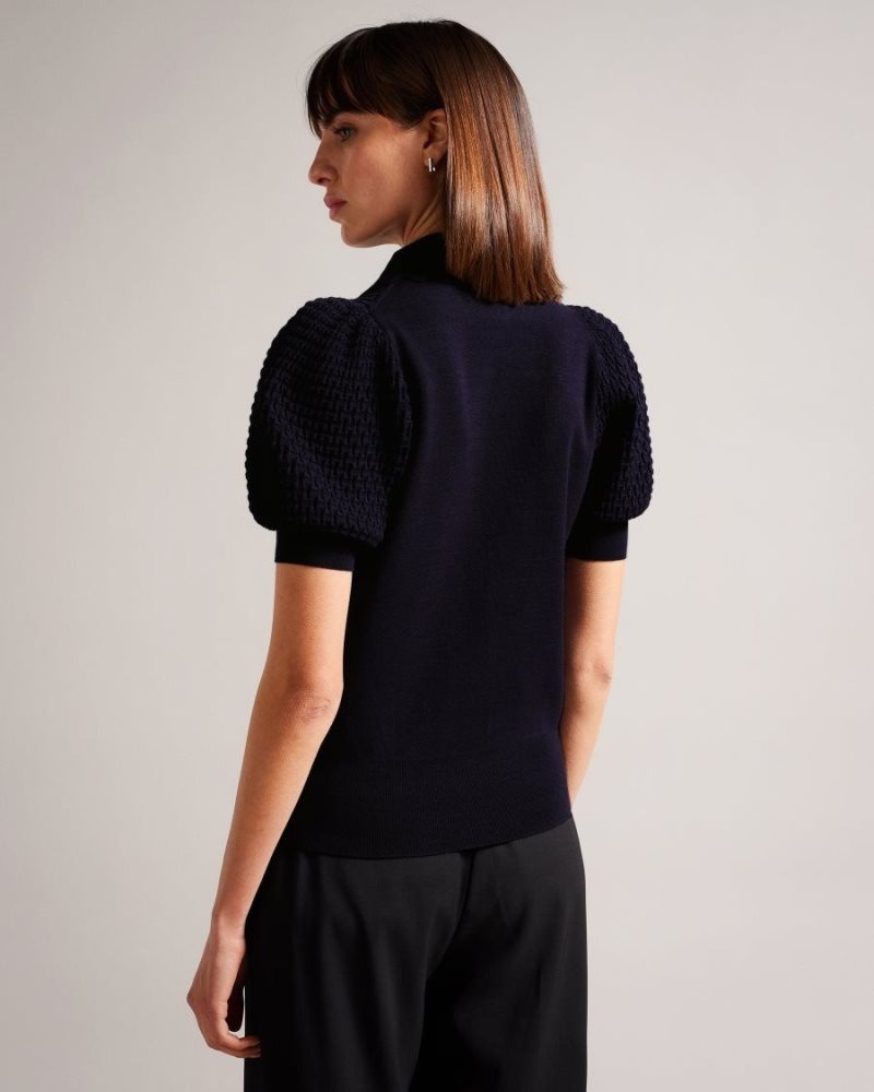 Dark Blue Ted Baker Reannia Polo Knit Top With Embellished Buttons Tops & Blouses | NBPDIMK-09