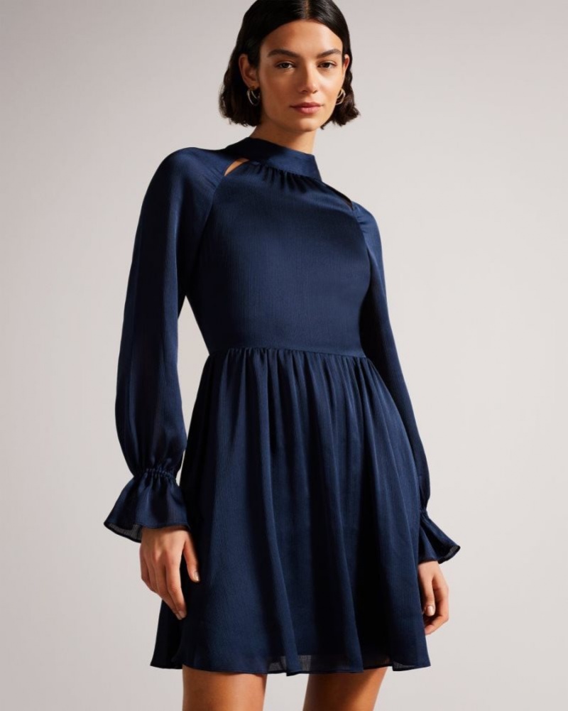 Dark Blue Ted Baker Ryaa High Neck Fit And Flare Mini Dress Dresses | INBDXGF-13