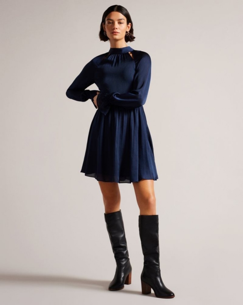 Dark Blue Ted Baker Ryaa High Neck Fit And Flare Mini Dress Dresses | INBDXGF-13