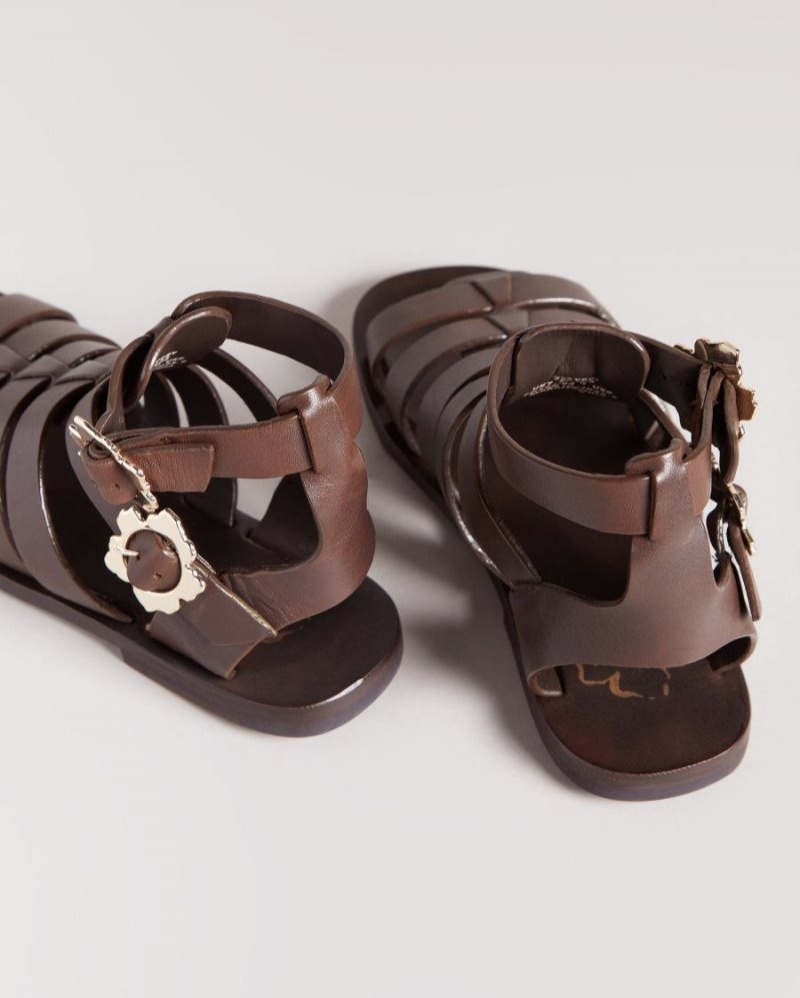Dark Brown Ted Baker Graycey Leather Flat Gladiator Sandals Sandals & Sliders | WMKUDJZ-21
