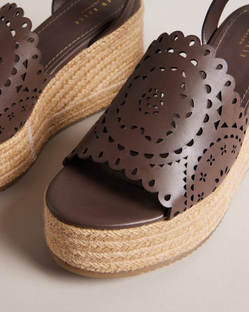 Dark Brown Ted Baker Pinky Laser Cut Wedge Sandals Heels | NUXZWYE-16