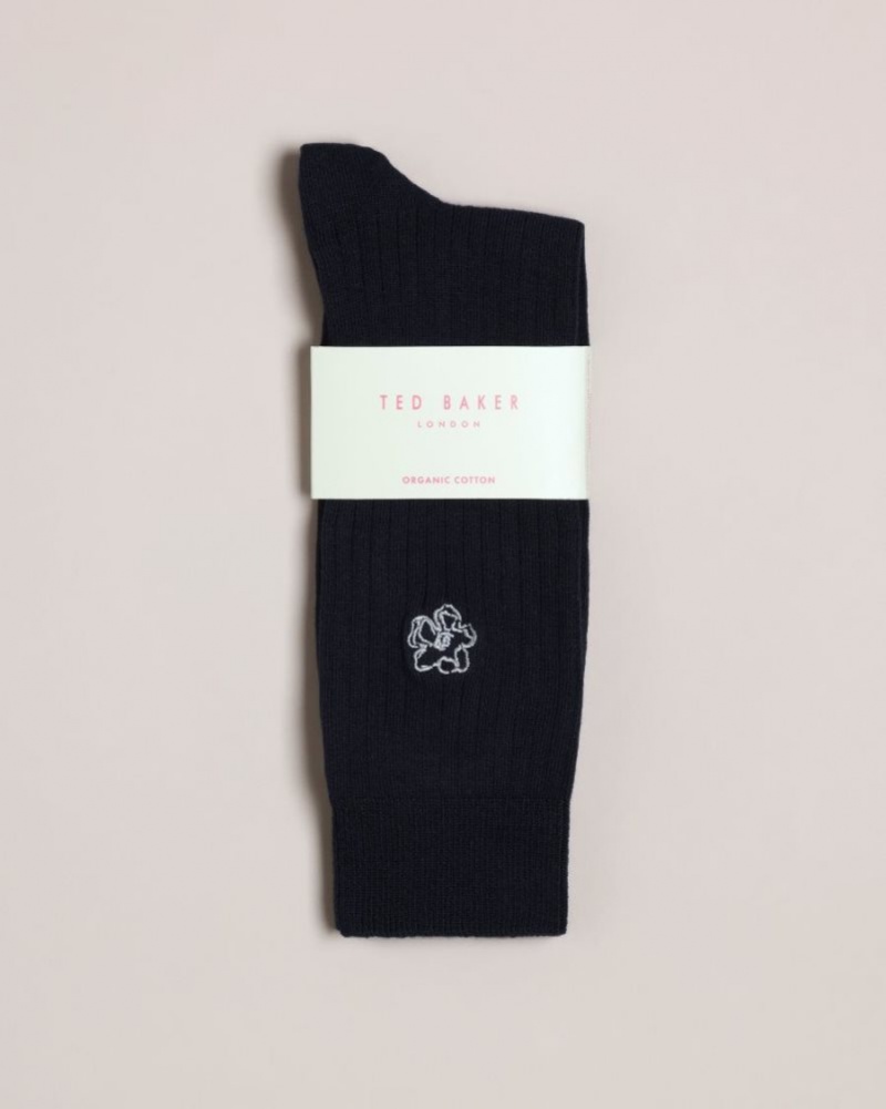 Dark Navy Ted Baker Coremag Ribbed Socks With Embroidered Magnolia Socks | GJFHCIO-80