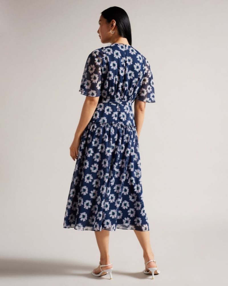 Dark Navy Ted Baker Marllee Fit and Flare Tiered Midi Dress Dresses | THYFUOW-35