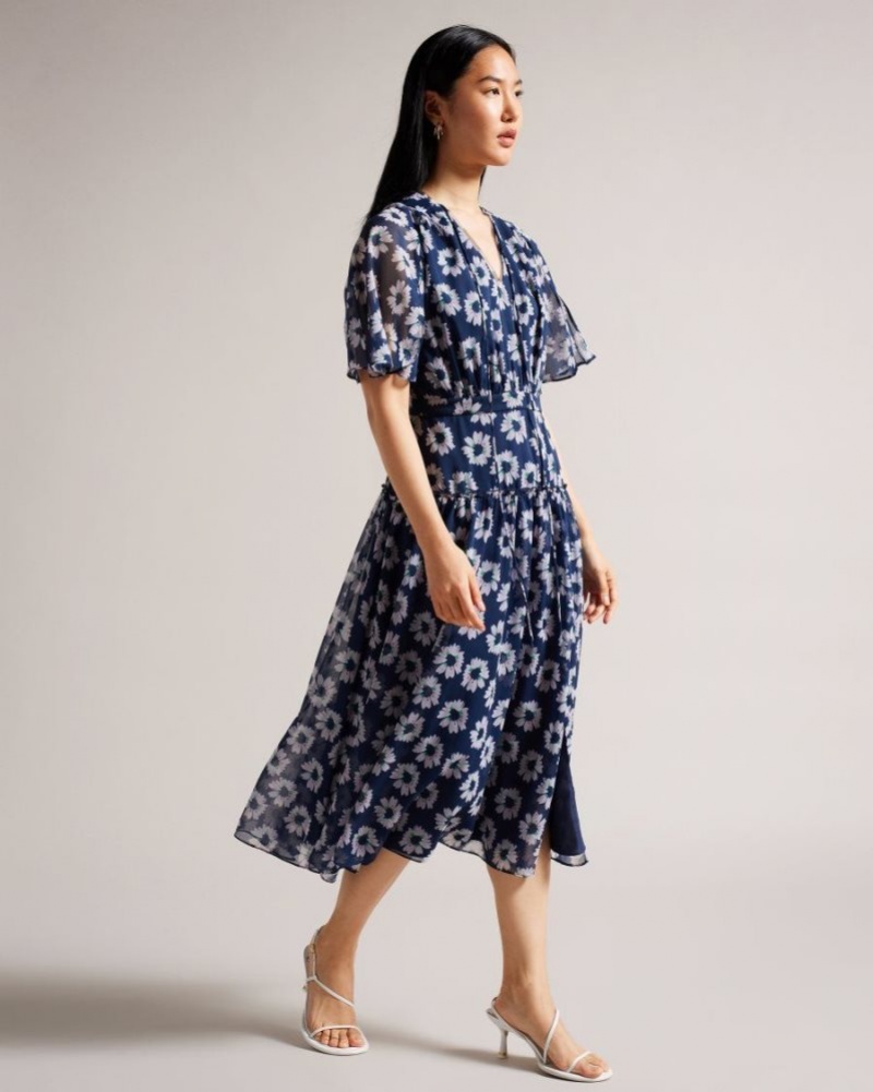 Dark Navy Ted Baker Marllee Fit and Flare Tiered Midi Dress Dresses | THYFUOW-35