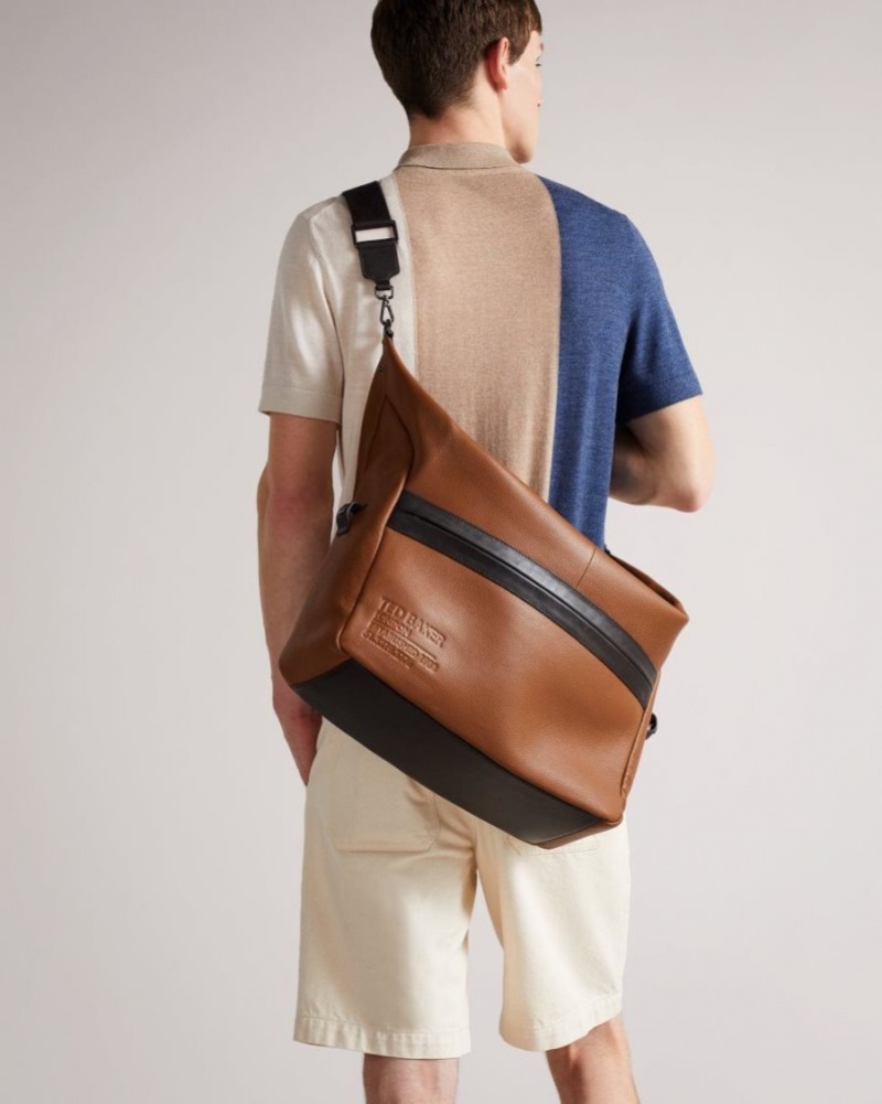 Dark Tan Ted Baker Kaisel Branded Leather Holdall Holdalls & Weekend Bags | DKQJLHP-29