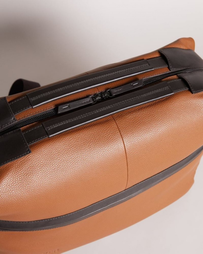 Dark Tan Ted Baker Kaisel Branded Leather Holdall Holdalls & Weekend Bags | DKQJLHP-29