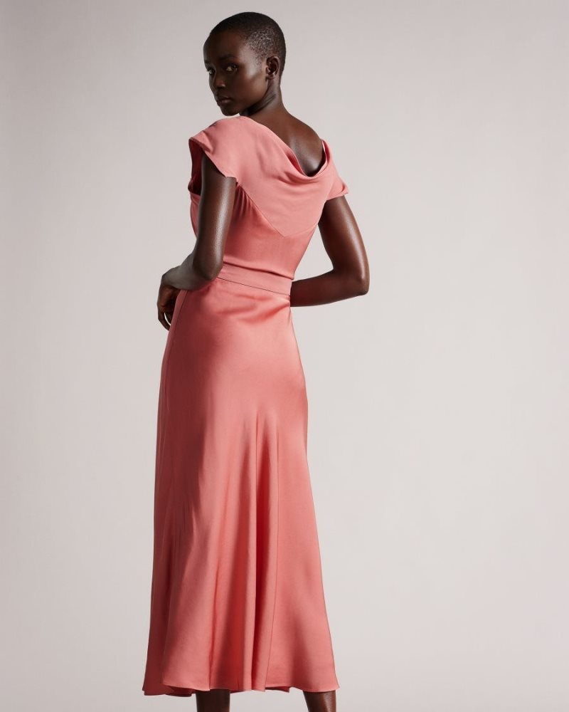Dusky Pink Ted Baker Noemi V Neck Bias Cut Midi Dress Dresses | GWMKSRY-15