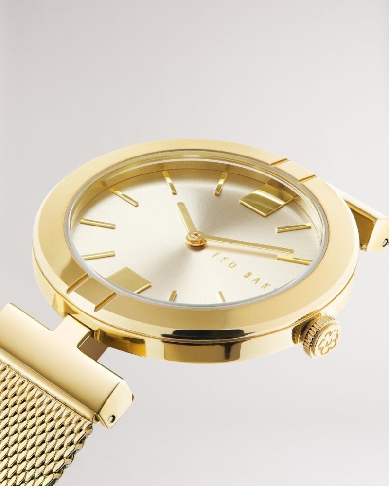 Gold Colour Ted Baker Darbs T Frame Mesh Strap Watch Watches | CKBLMVP-80