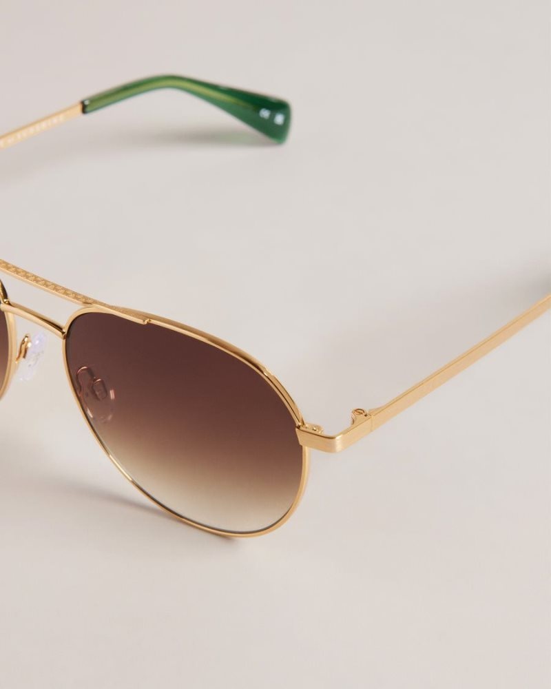 Gold Colour Ted Baker Konradi Metal Aviator Sunglasses Sunglasses | GIETUCW-17