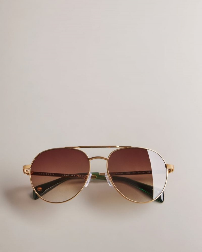 Gold Colour Ted Baker Konradi Metal Aviator Sunglasses Sunglasses | GIETUCW-17