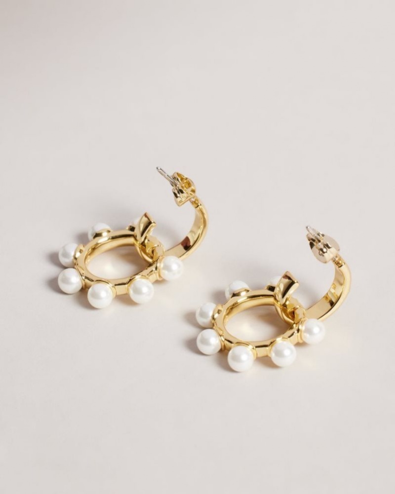 Gold Colour Ted Baker Petunaa Pearl Bubble Drop Hoop Earrings Jewellery | HYGKMUZ-21