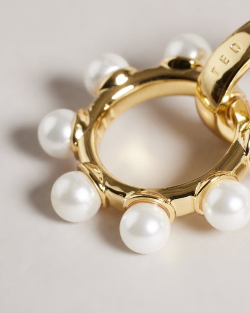 Gold Colour Ted Baker Petunaa Pearl Bubble Drop Hoop Earrings Jewellery | HYGKMUZ-21