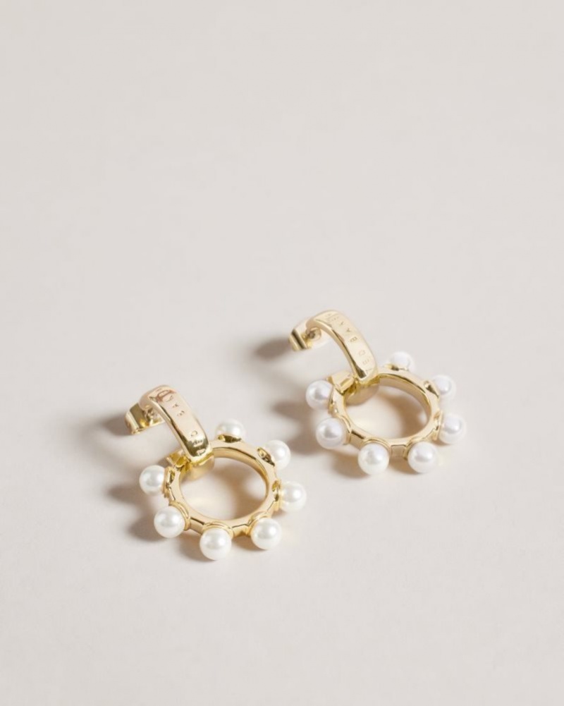 Gold Colour Ted Baker Petunaa Pearl Bubble Drop Hoop Earrings Jewellery | HYGKMUZ-21