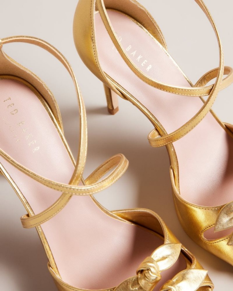 Gold Ted Baker Bicci Leather Bow Heeled Sandals Heels | PRKGIFW-73