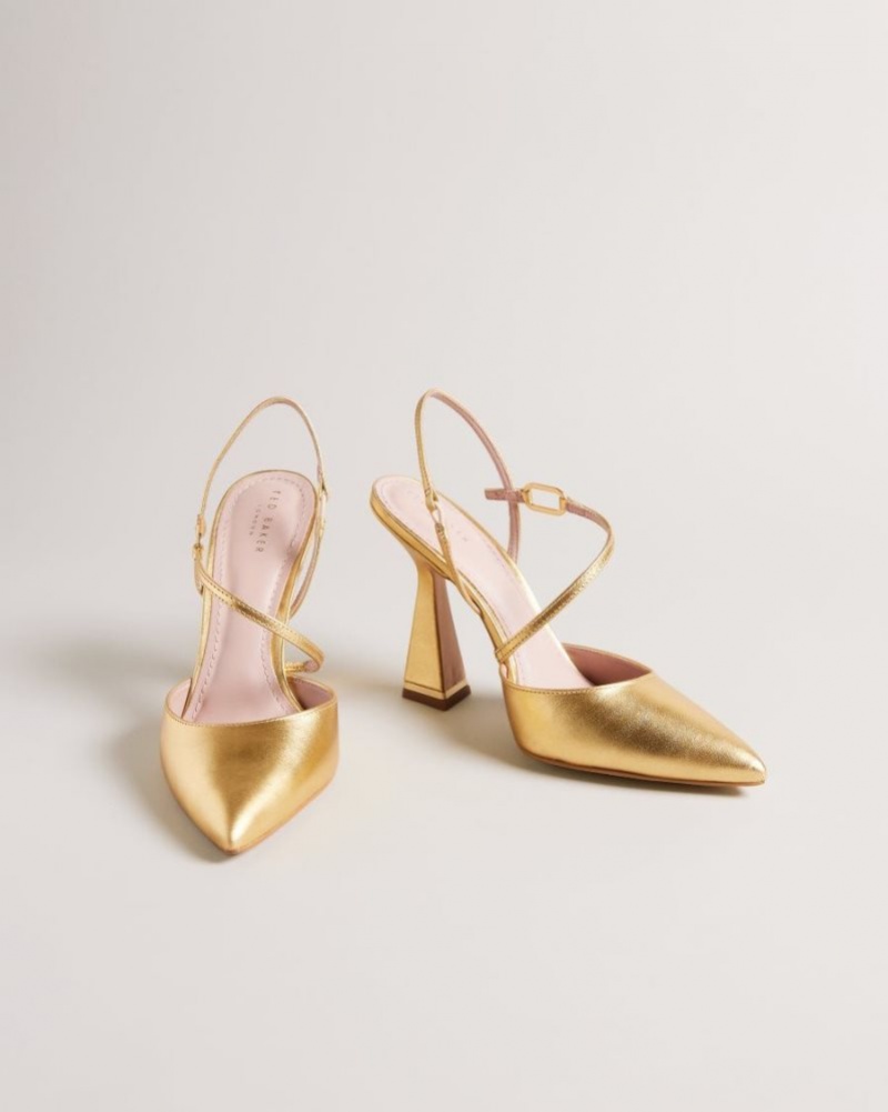 Gold Ted Baker Coriana Geometric Heel Pointed Court Shoes Heels | QHJLDCZ-31