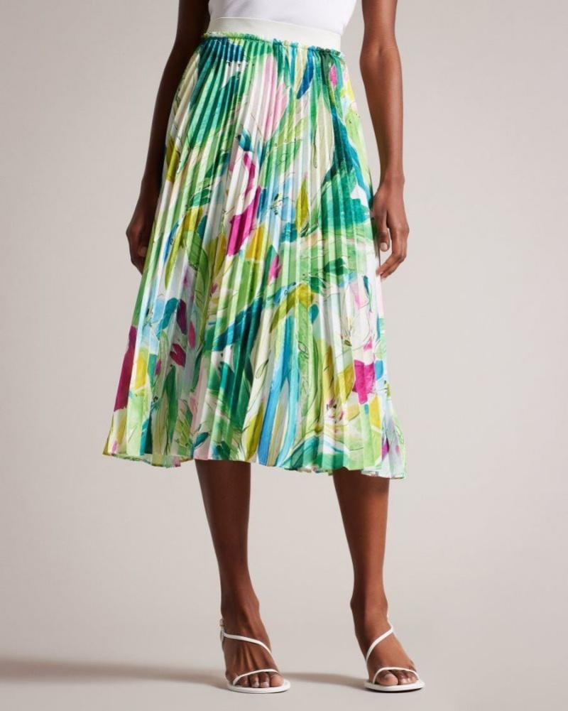 Green Ted Baker Lopehz Painted Floral Pleated Midi Skirt Skirts | FUNVCTK-59