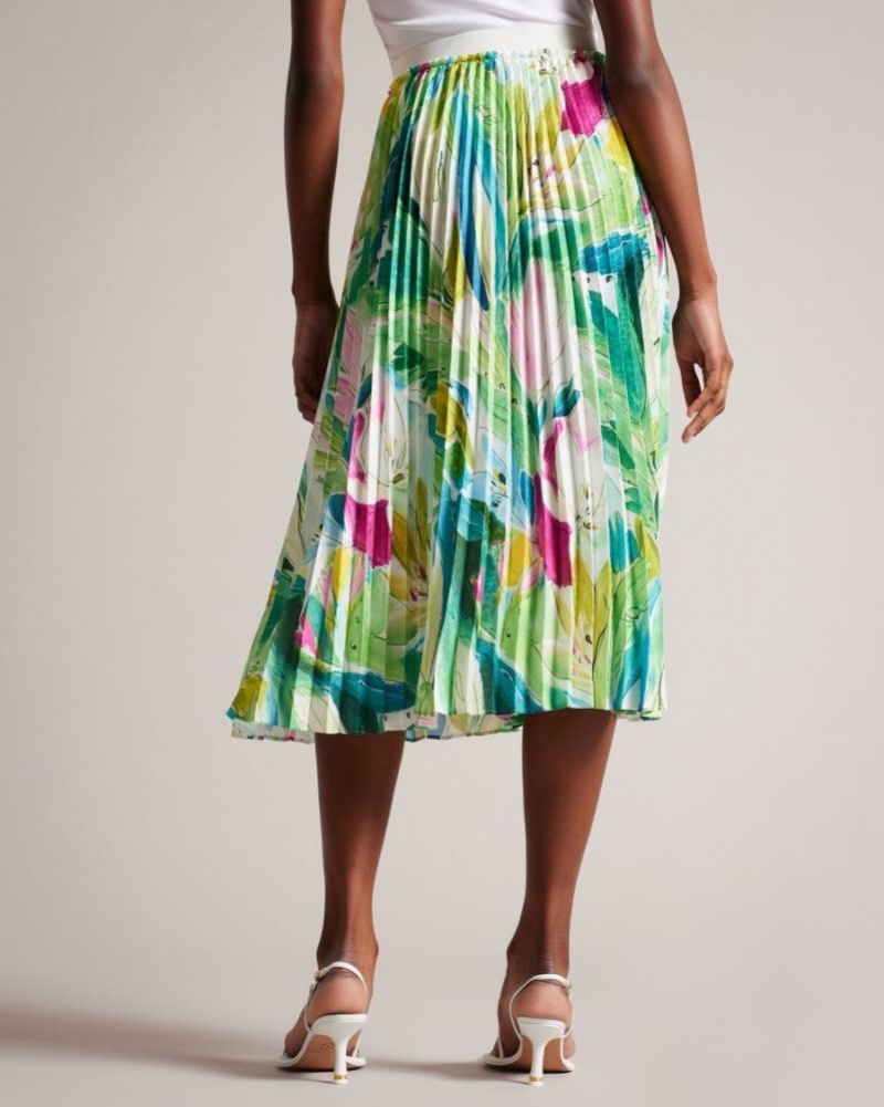 Green Ted Baker Lopehz Painted Floral Pleated Midi Skirt Skirts | FUNVCTK-59