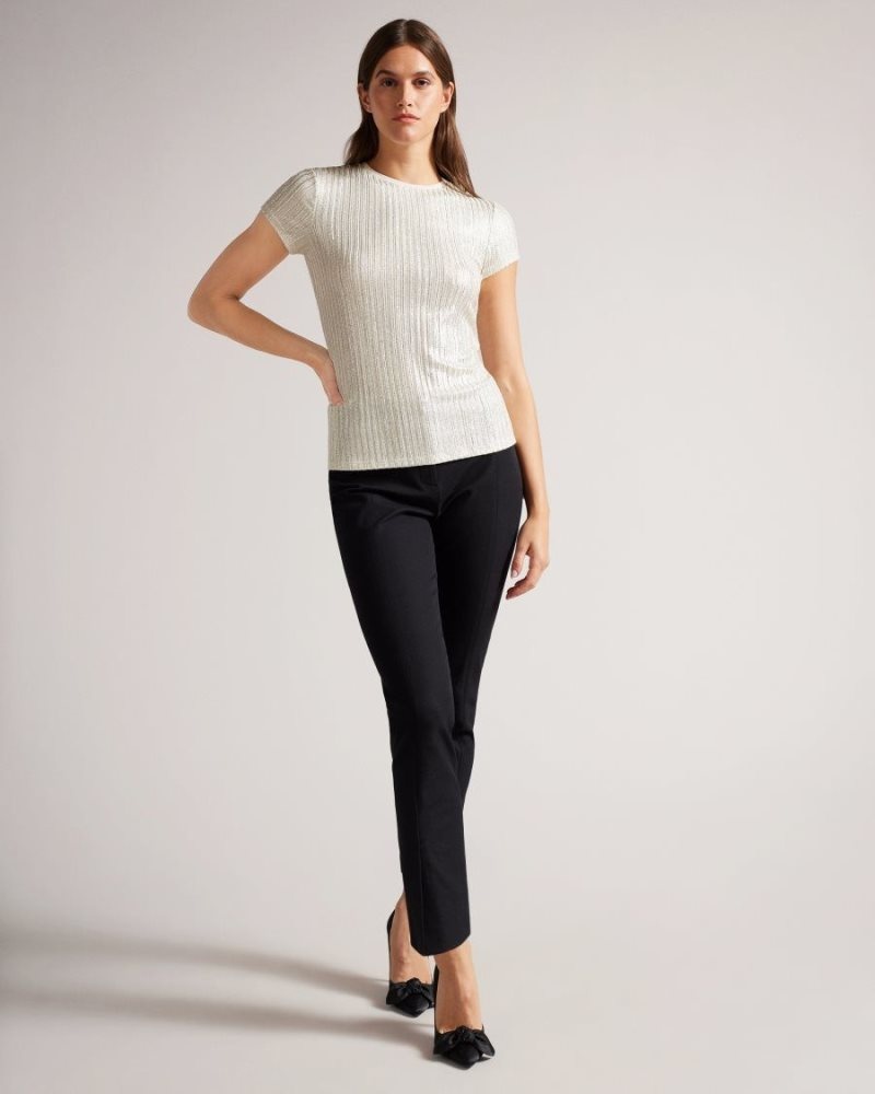 Ivory Ted Baker Catrino Metallic Fitted T Shirt Tops & Blouses | FIGTZNM-07
