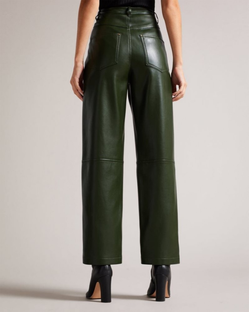 Khaki Ted Baker Plaider Straight Leg Faux Leather Trousers Trousers & Shorts | IRHSWXY-86