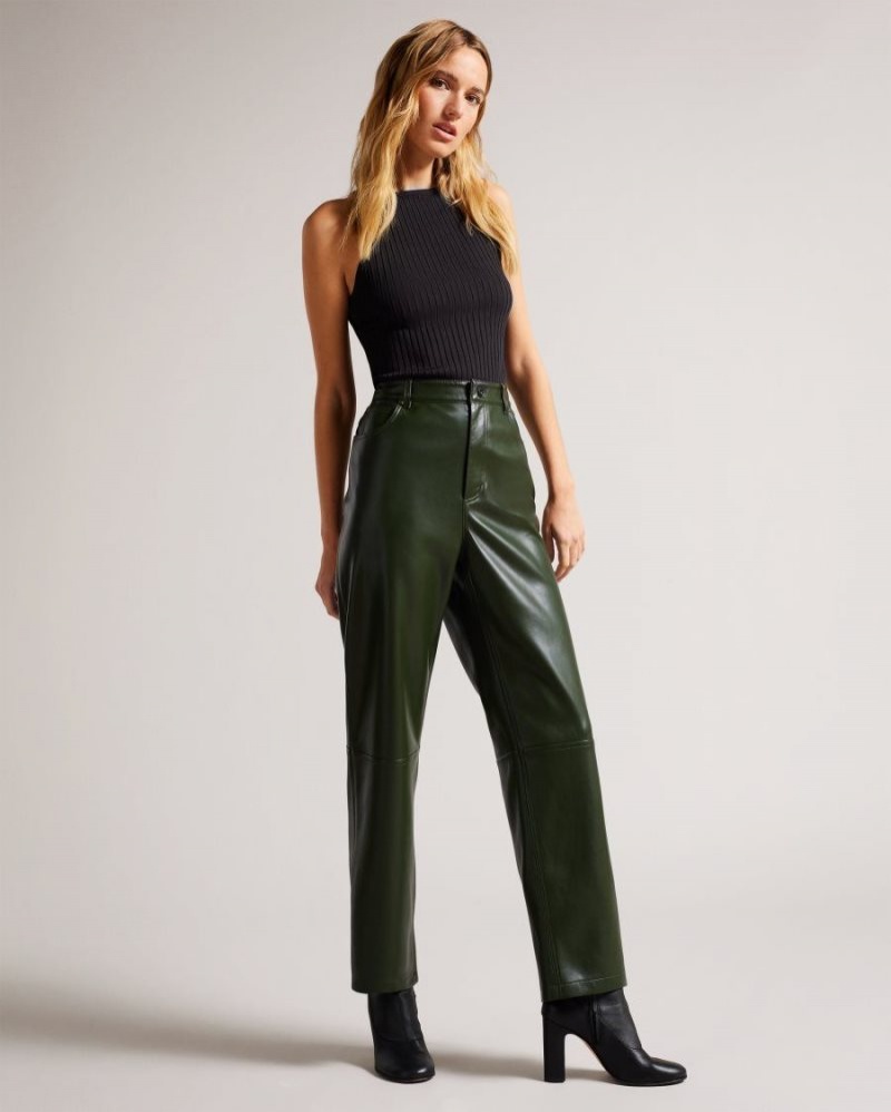 Khaki Ted Baker Plaider Straight Leg Faux Leather Trousers Trousers & Shorts | IRHSWXY-86