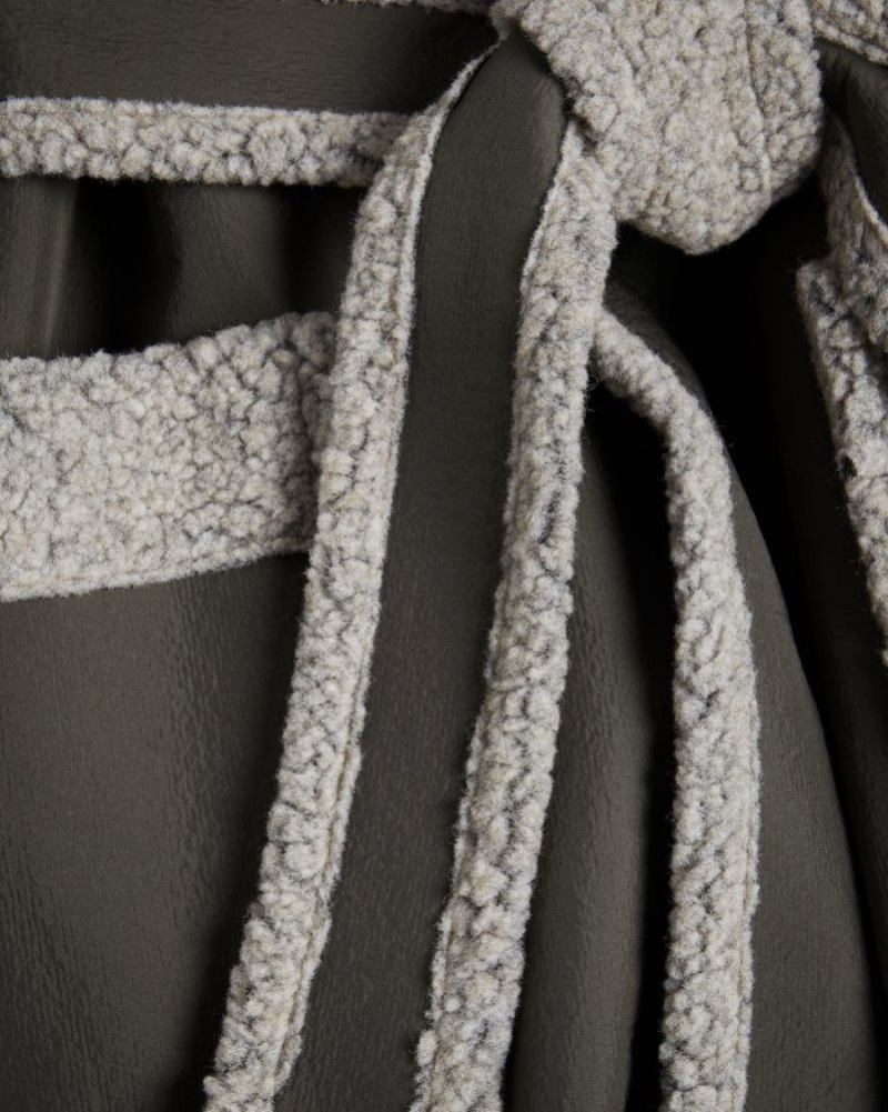 Khaki Ted Baker Pparis MIB Faux Shearling Wool Blend Wrap Coat Coats & Jackets | XQIFSLA-73