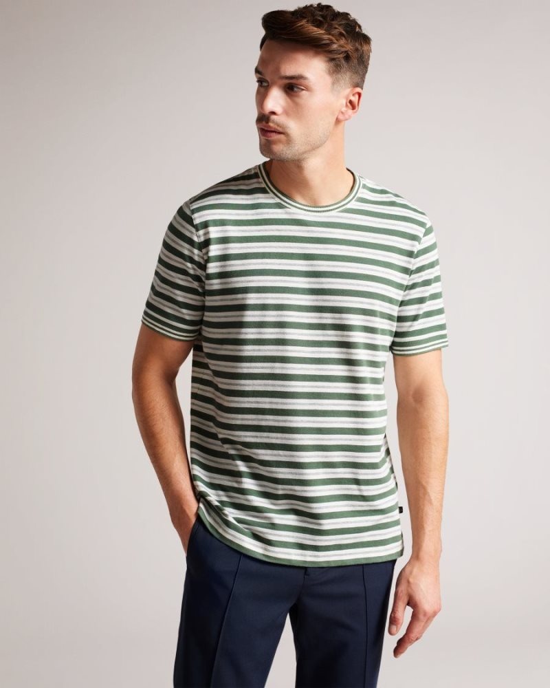 Khaki Ted Baker Vadell Short Sleeve Regular Fit Striped T-Shirt Tops | YSKECNF-47