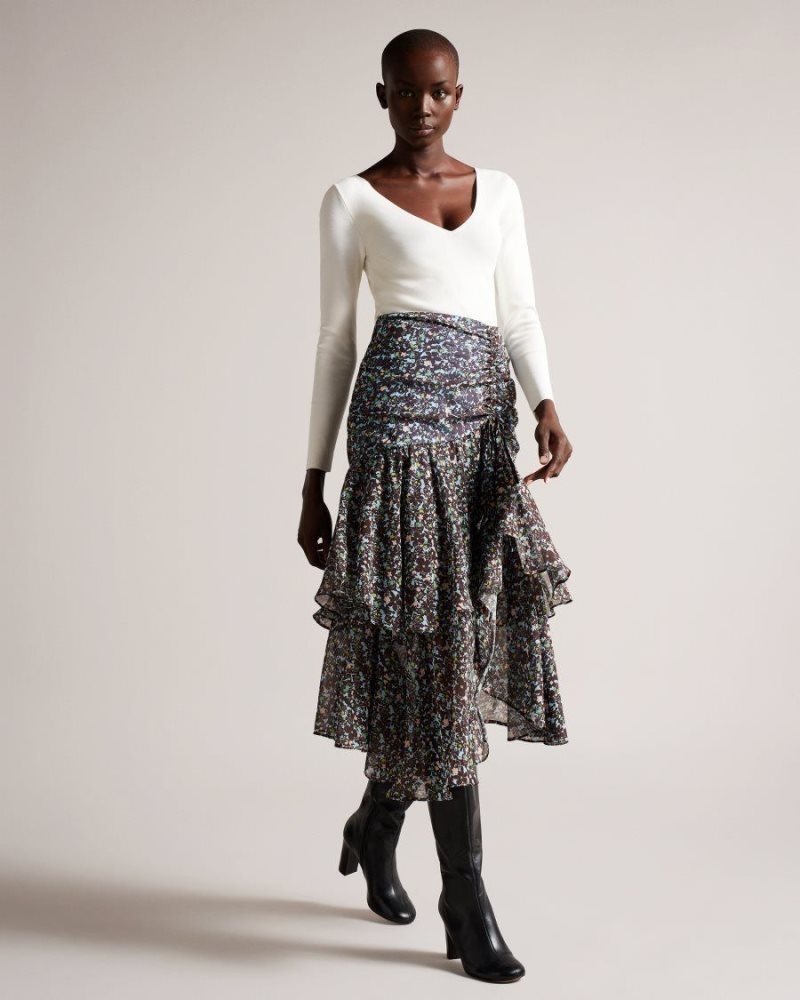 Light Blue Ted Baker Chloei Ruched Detail Waterfall Midi Skirt Skirts | MQLJYST-93