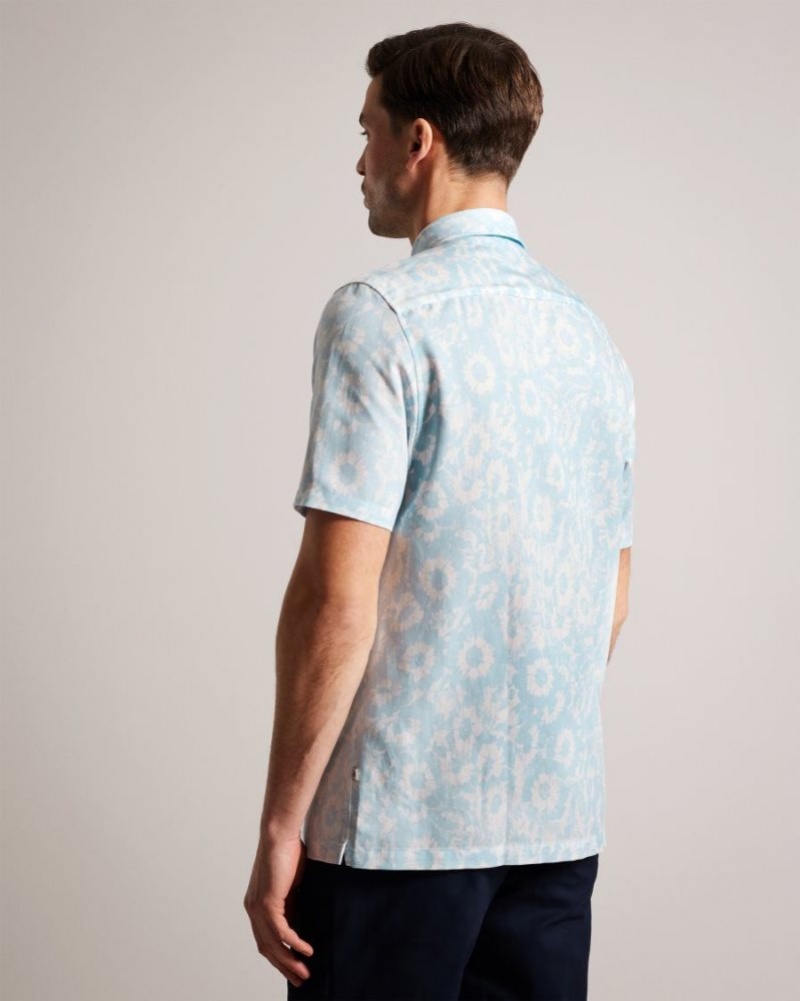Light Blue Ted Baker Flaisby Linen Blend Floral Print Shirt Shirts | NBEZUKJ-34