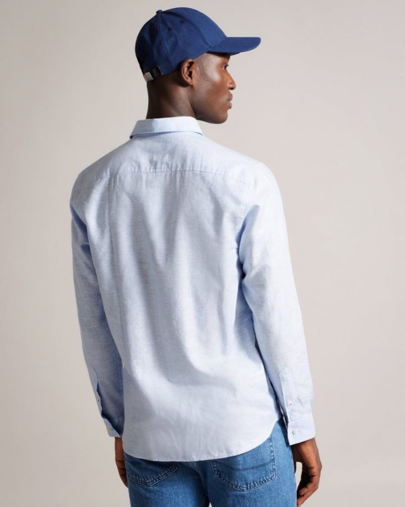 Light Blue Ted Baker Kingwel Long Sleeve Linen Blend Shirt Shirts | UZNJTPY-35