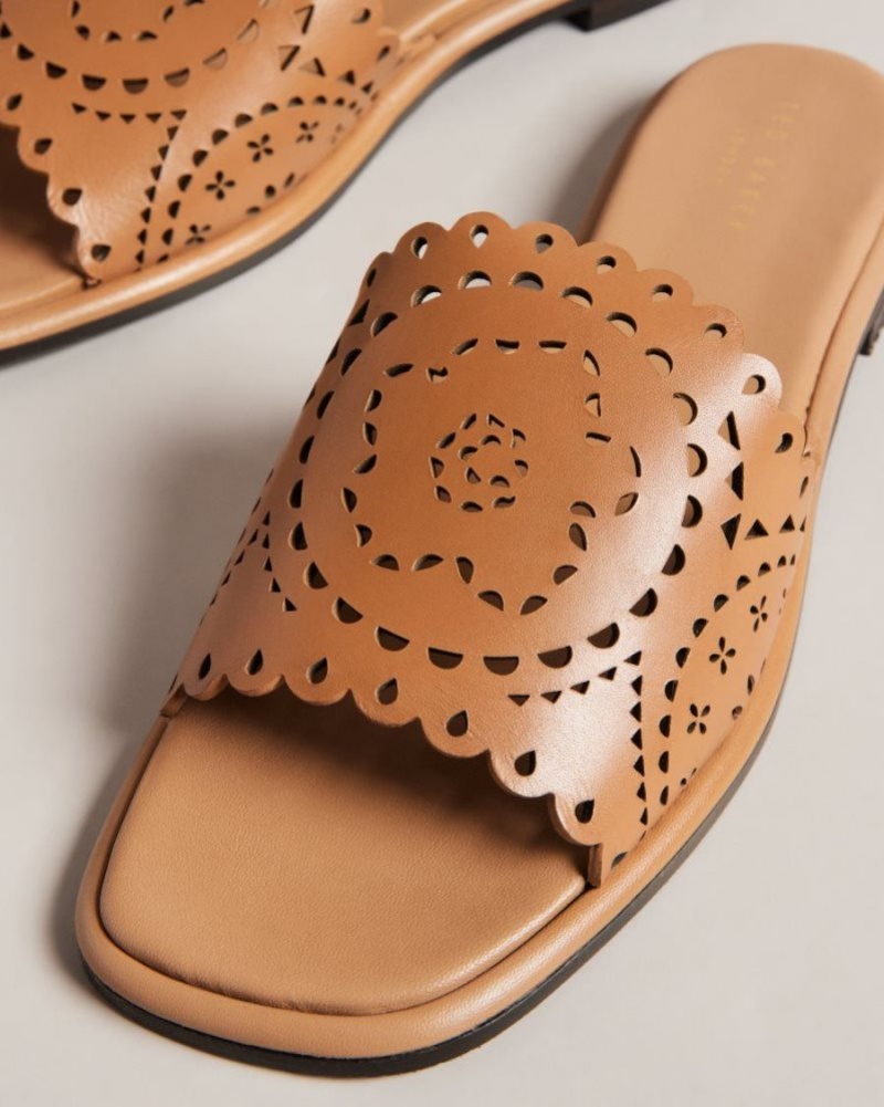 Light Brown Ted Baker Clovei Laser Cut Flat Sandals Sandals & Sliders | VBNDRFM-26