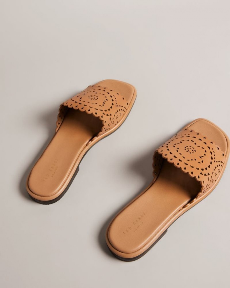 Light Brown Ted Baker Clovei Laser Cut Flat Sandals Sandals & Sliders | VBNDRFM-26