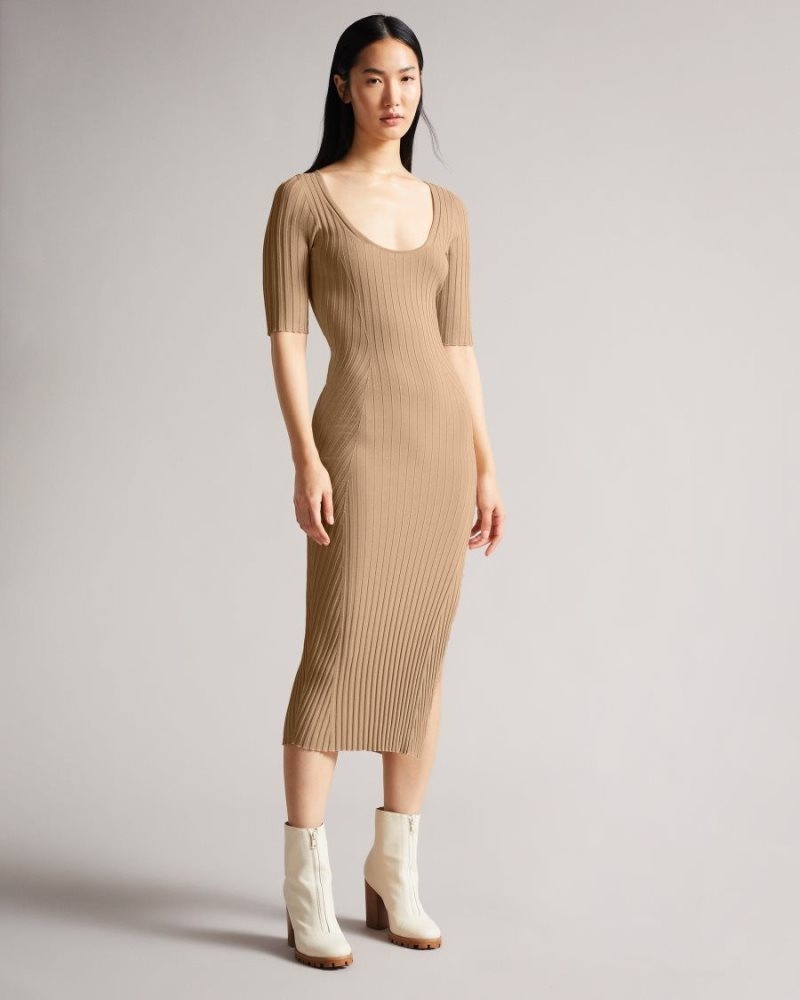 Light Brown Ted Baker Kiierra Side Slit Detail Knit Dress Dresses | ZLEVBUD-23