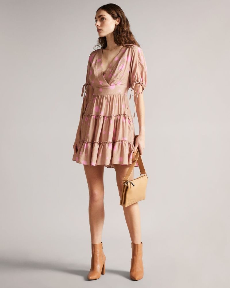 Light Brown Ted Baker Stefina Printed Tiered Mini Dress Dresses | YJMQCPA-76