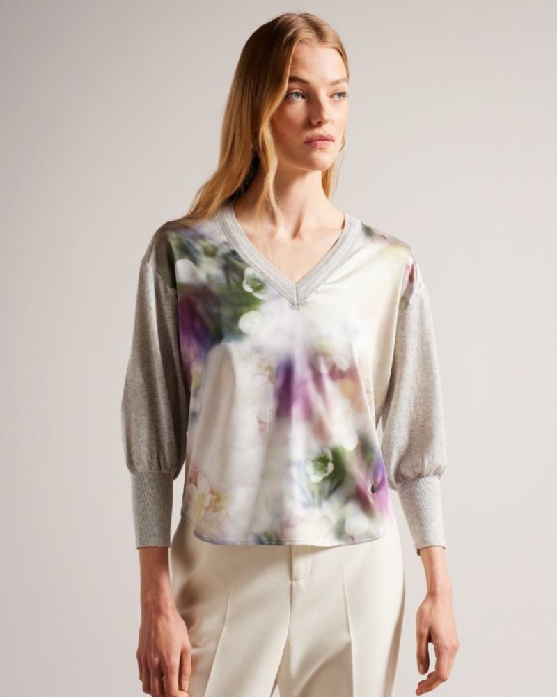 Light Green Ted Baker Beatric Woven Front Floral Jumper Jumpers & Cardigans | EQGHNCR-03