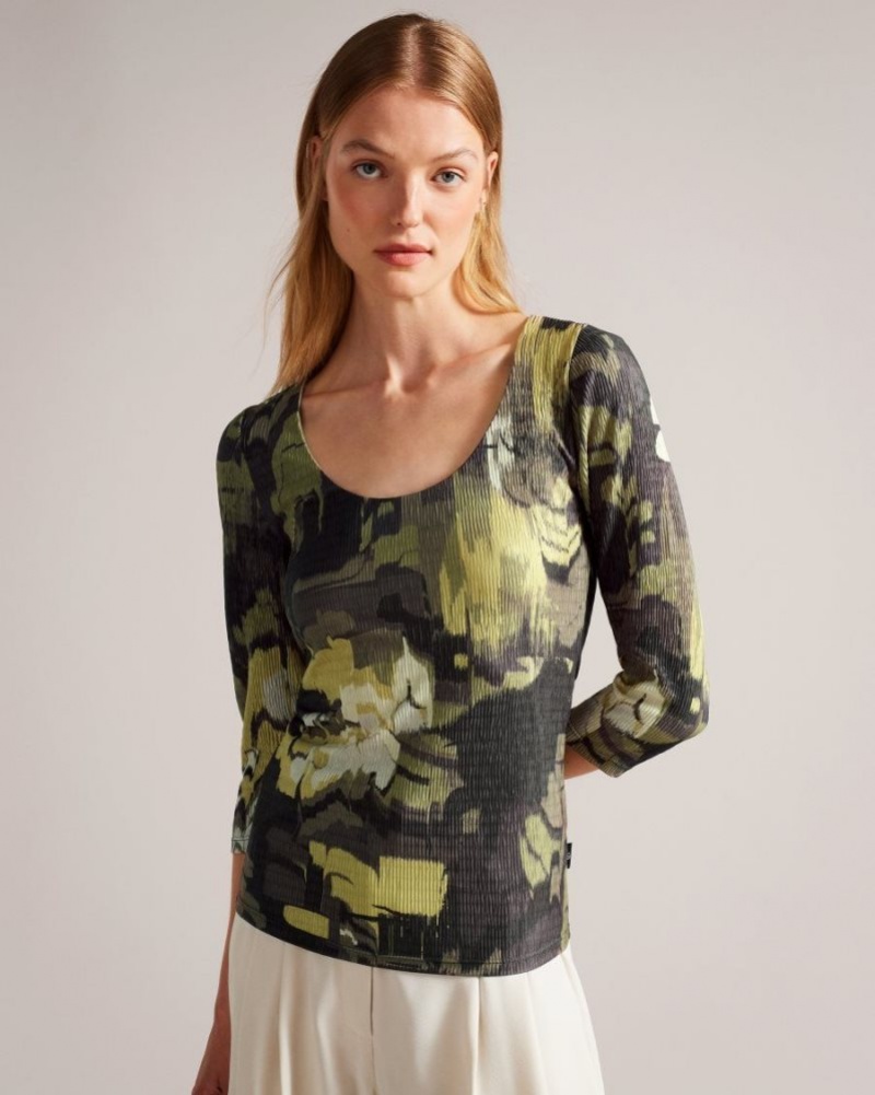 Light Green Ted Baker Jolien Scoop Neck Fitted T-Shirt Tops & Blouses | PWVMSUY-78