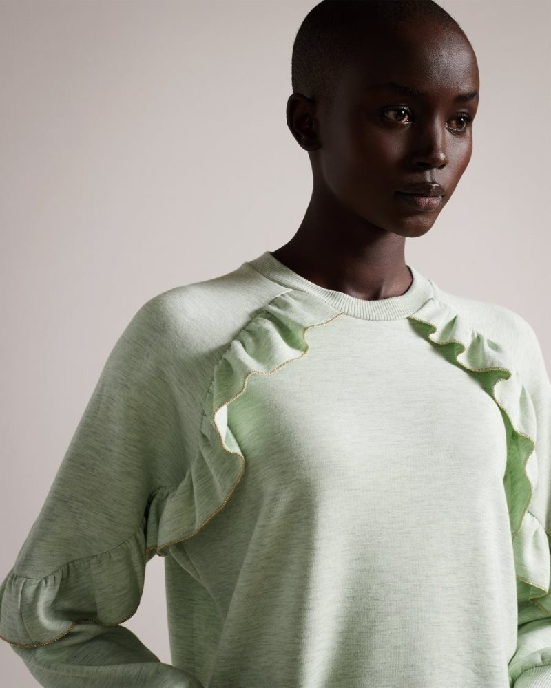 Light Green Ted Baker Yazme Frilled Sweatshirt With Chain Trim Tops & Blouses | SXVZRJY-23