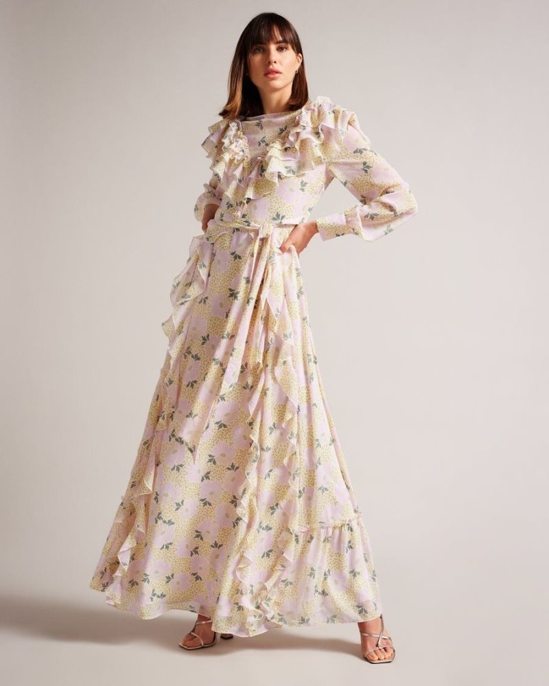 Light Yellow Ted Baker Vivyana Frilled Daisy Print Maxi Dress Dresses | CNJRYLW-01