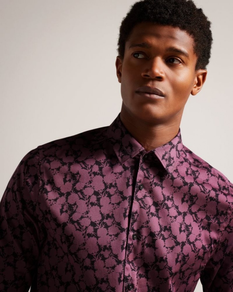 Maroon Ted Baker Comlee Long Sleeve Floral Print Shirt Shirts | UNSKHTI-85